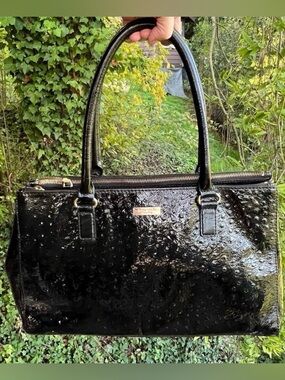 Kate Spade Black Ostrich-Embossed Leather Tote Bag Black w Gold Hardware NWOT